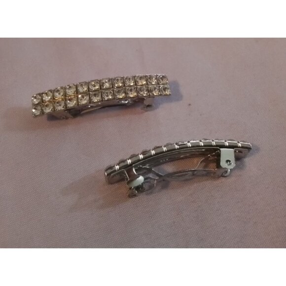 Vintage Crystal Rhinestone Hair Barrettes Set Of 2 Sparkling Silver Tone Clips - Picture 2 of 4